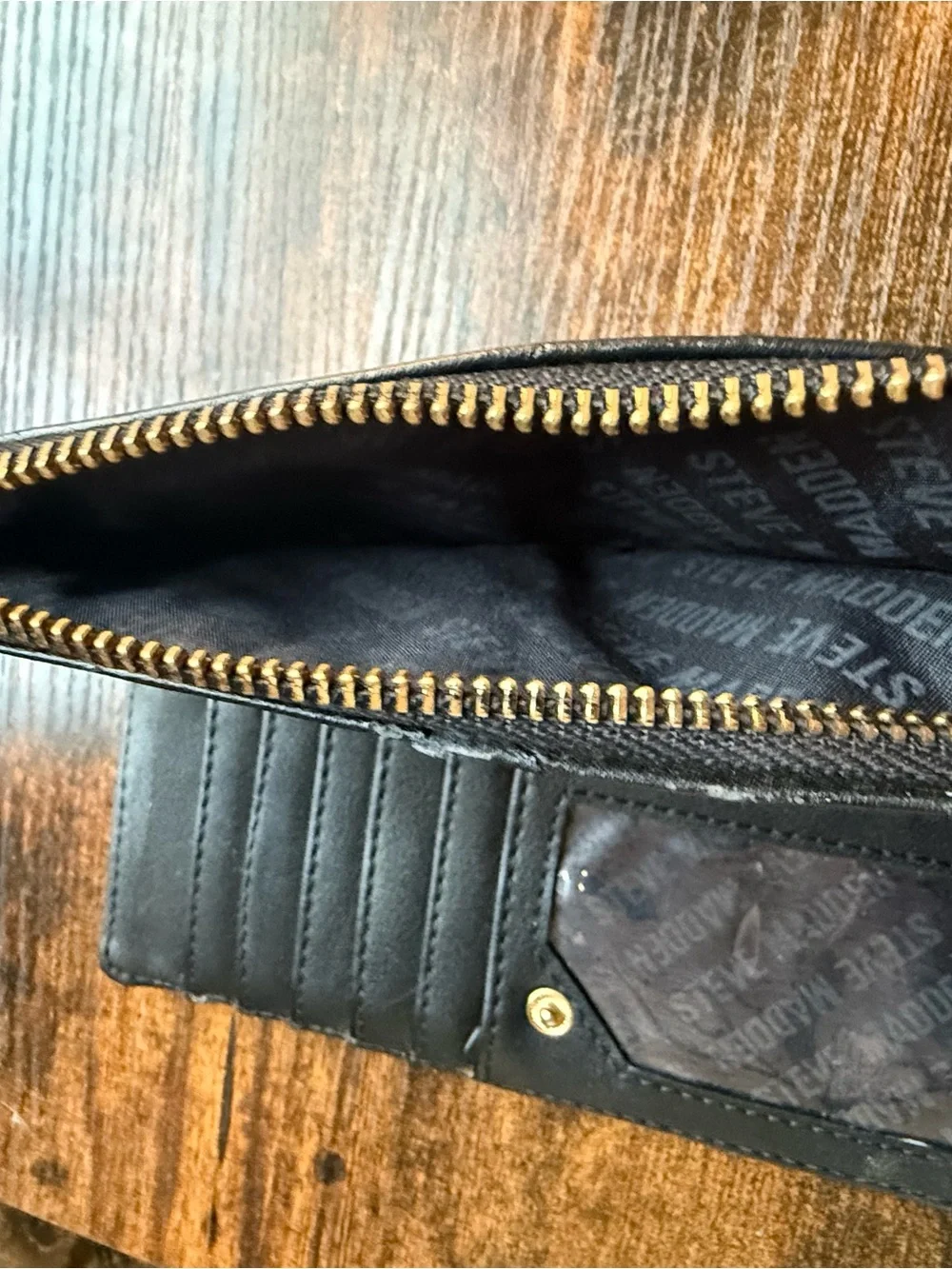 Steve Madden Black Wallet with Gold Logo Plaque